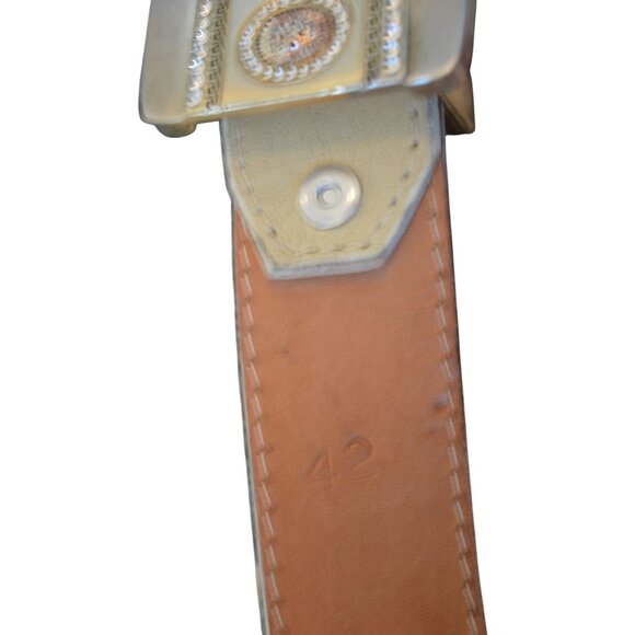 Vintage Cream Bone Leather Gold Tone Jeweled Lion Mens Belt Size 42 Cowboy Bling - Picture 9 of 12